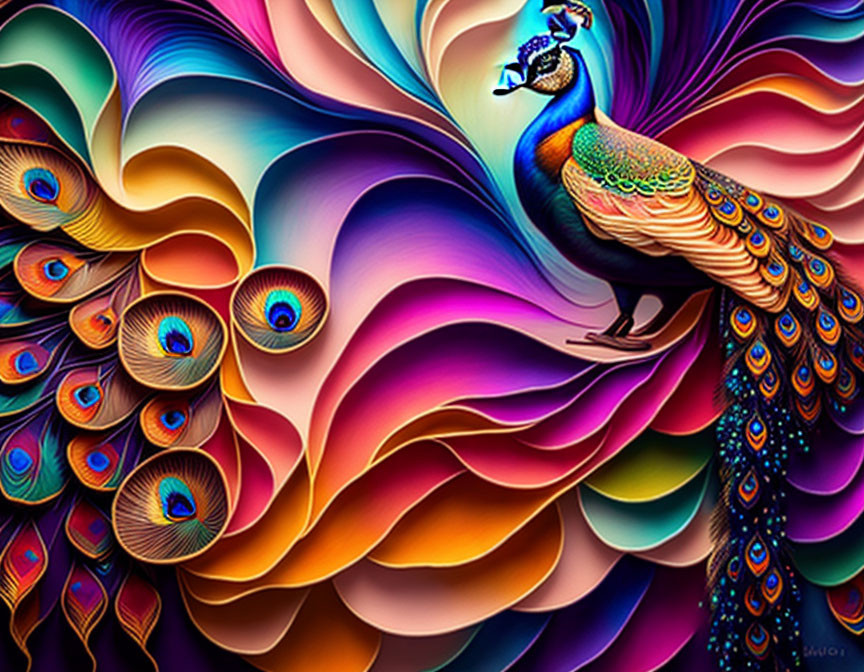 Colorful digital artwork of a peacock with luxuriant tail in abstract swirls