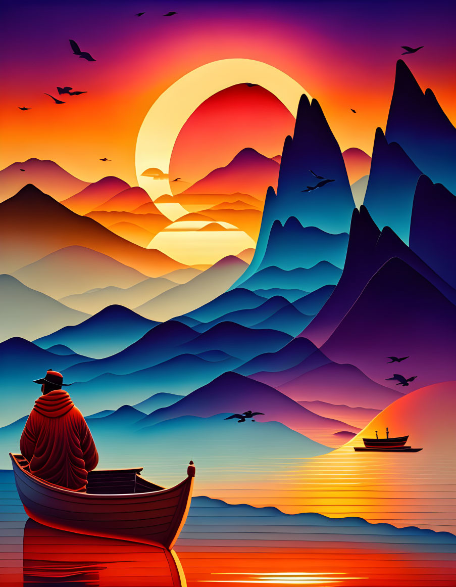 Person in boat watches sunset over sea with waves, distant mountains, birds, and small boat.