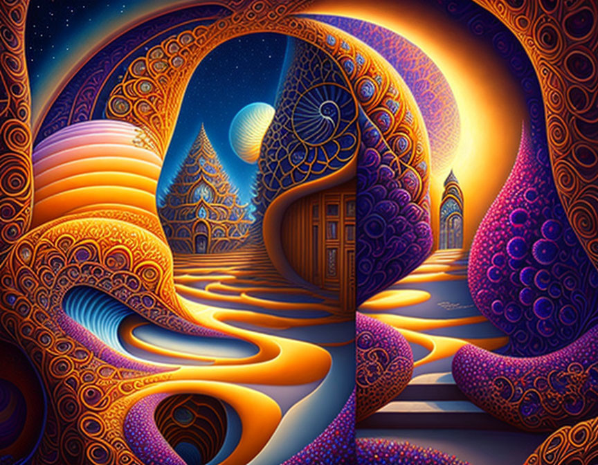 Colorful Surreal Landscape with Swirling Patterns in Blue, Purple, and Orange