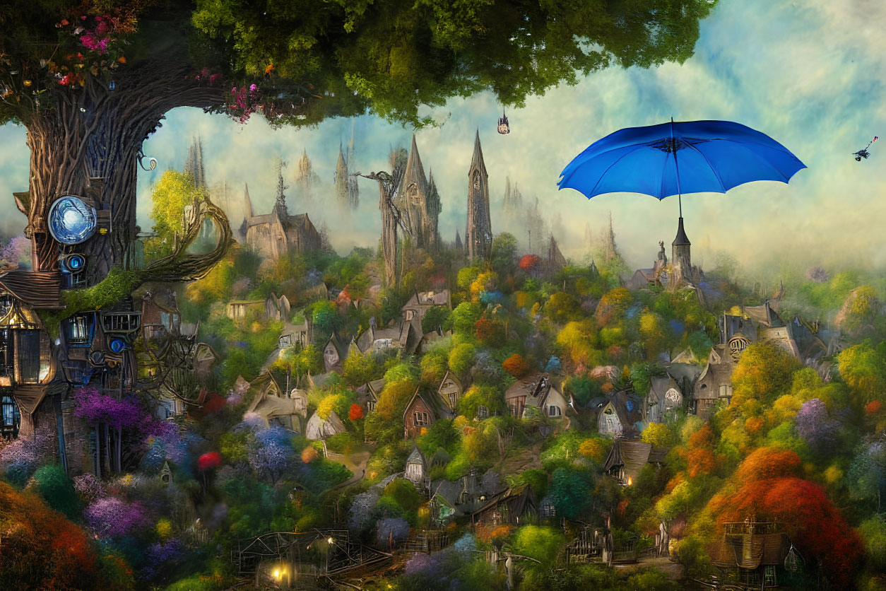 Fantasy landscape with whimsical structures, colorful foliage, floating umbrella, and person with jetpack