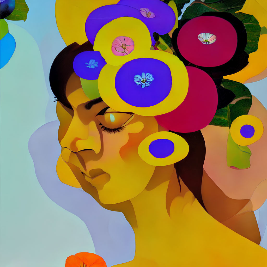 Vibrant floral profile portrait on soft pastel backdrop