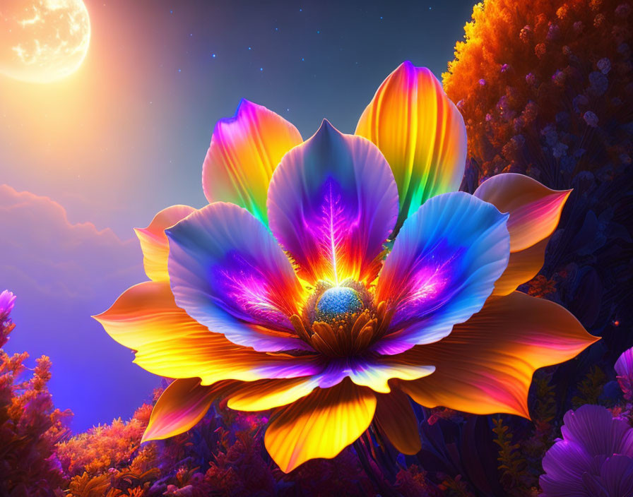 Colorful Flower in Moonlit Sky with Autumn Trees