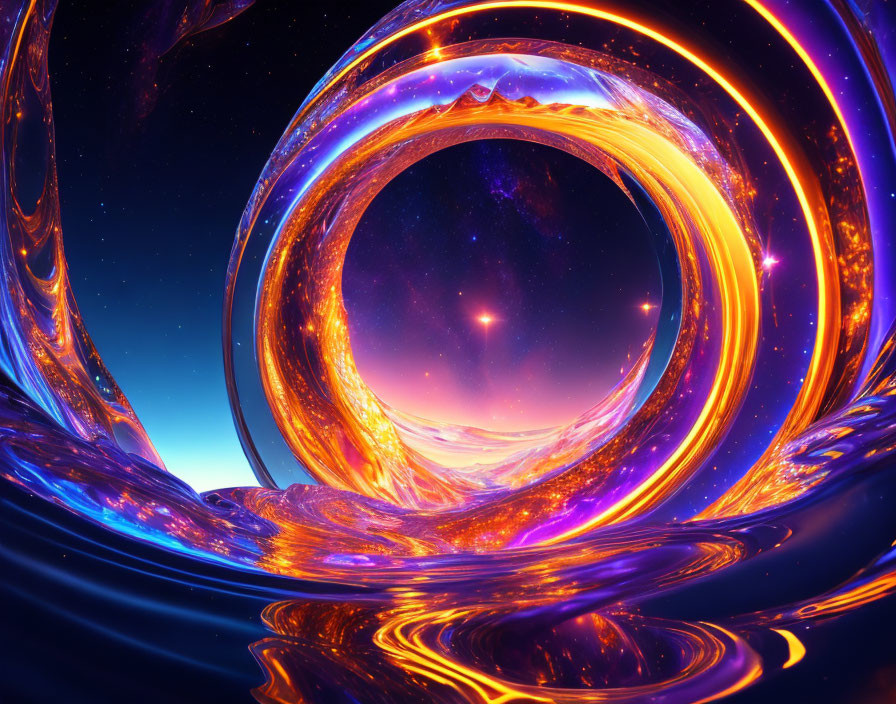 Vibrant digital artwork: Golden and blue cosmic loops on starry sky