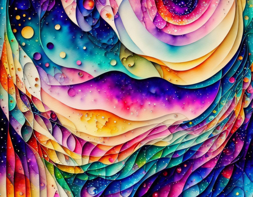 Vibrant abstract art: swirling patterns and dots in cosmic display