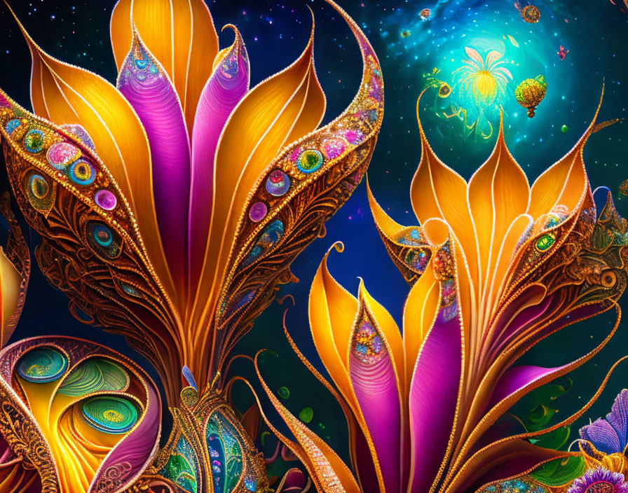 Colorful Fantasy Art: Stylized Peacock Feathers in Cosmic Setting