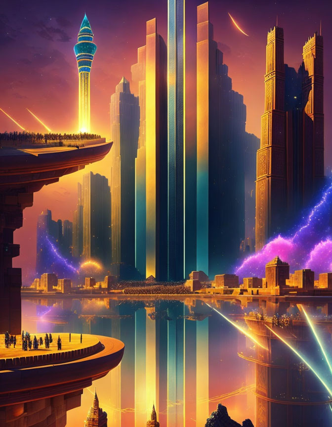 Futuristic cityscape at sunset with glowing skyscrapers