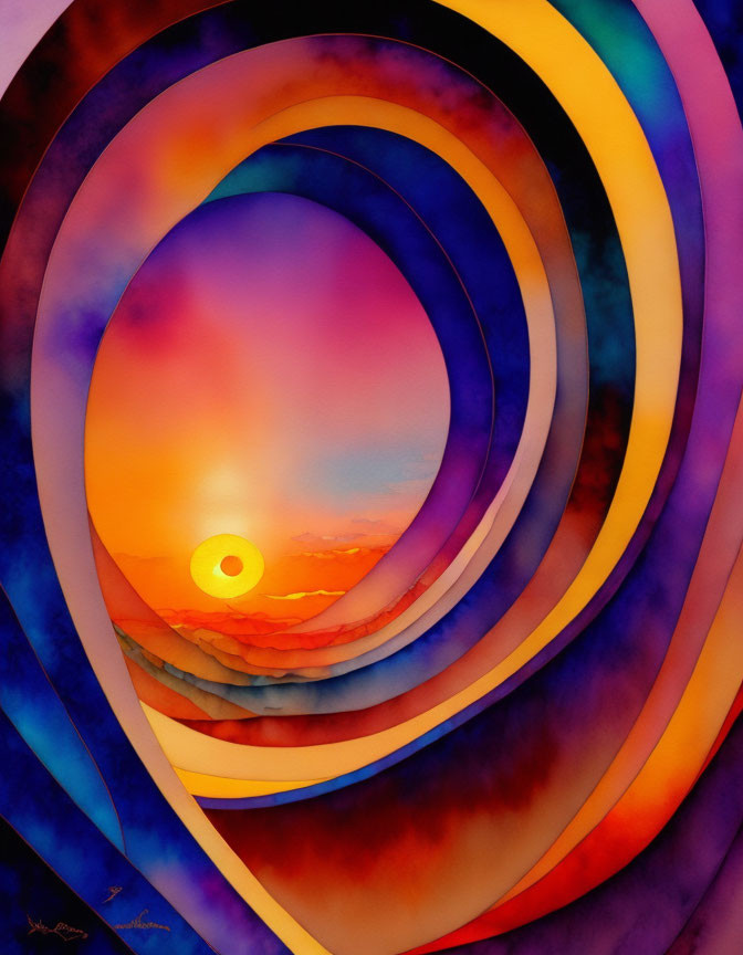 Vibrant abstract painting with layered elliptical shapes in purple, blue, orange, and yellow hues