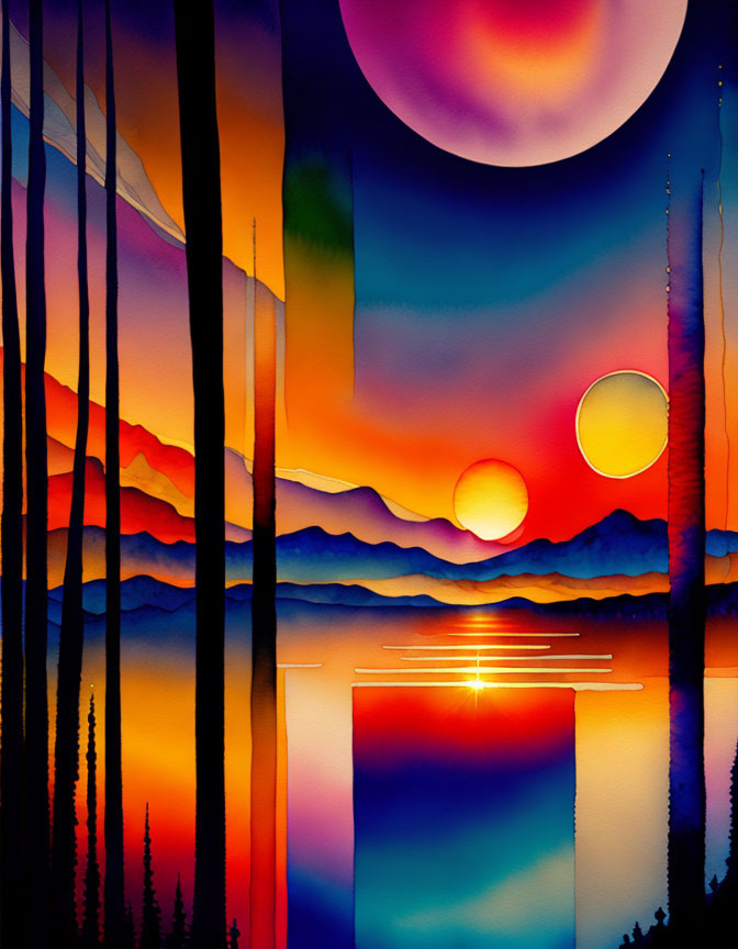 Colorful Silhouetted Trees Artwork with Sun, Water, and Sky