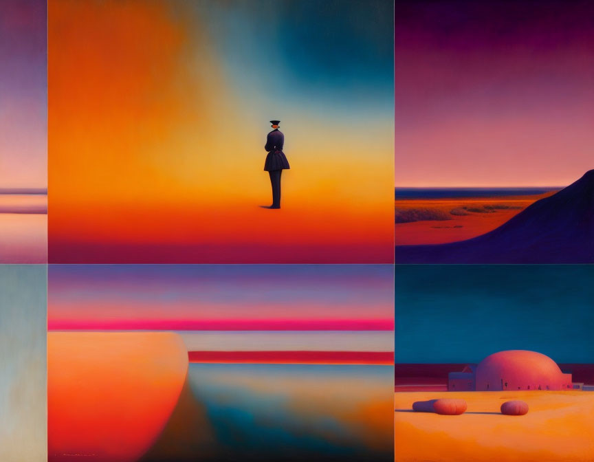 Four-panel Artwork: Gradient Skies, Minimalist Landscapes, Lone Figure Standing