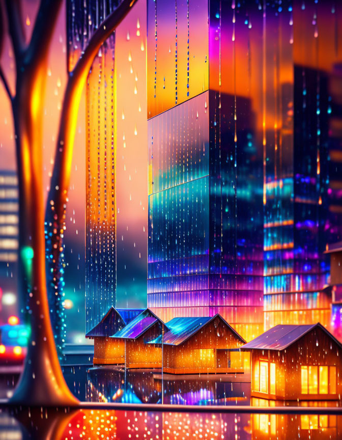 Futuristic cityscape with rain-draped buildings and traditional houses against twilight sky.