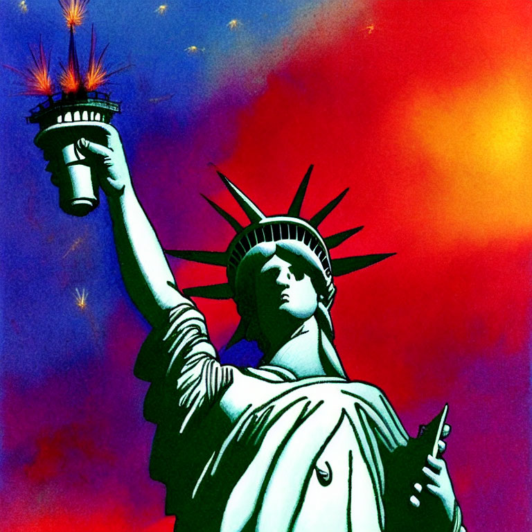 Vibrant Statue of Liberty Illustration with Red and Blue Background