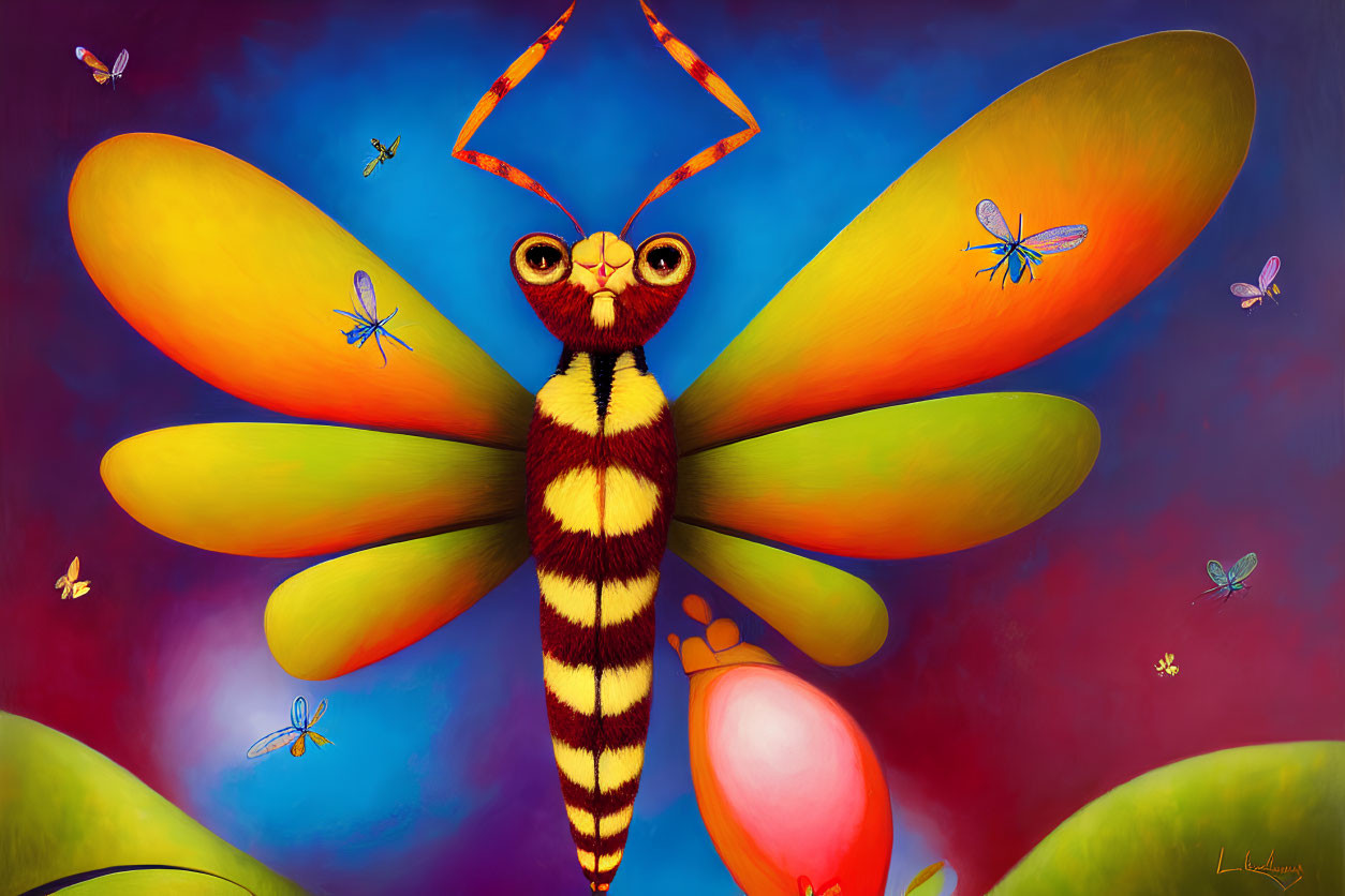 Vibrant oversized dragonfly illustration with colorful insects on blue background