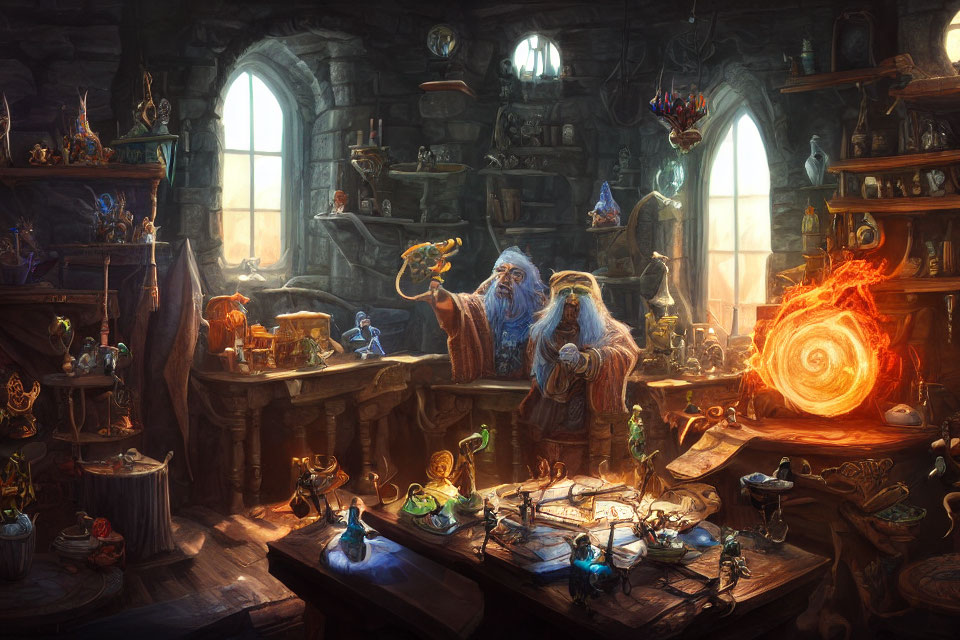 Detailed fantasy artwork: wizard in stone chamber with magical artifacts, potions, and swirling orange portal