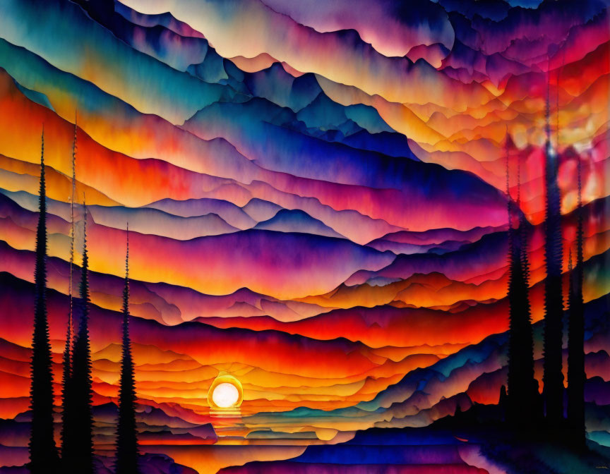 Vibrant sunset over mountain ranges with water reflections