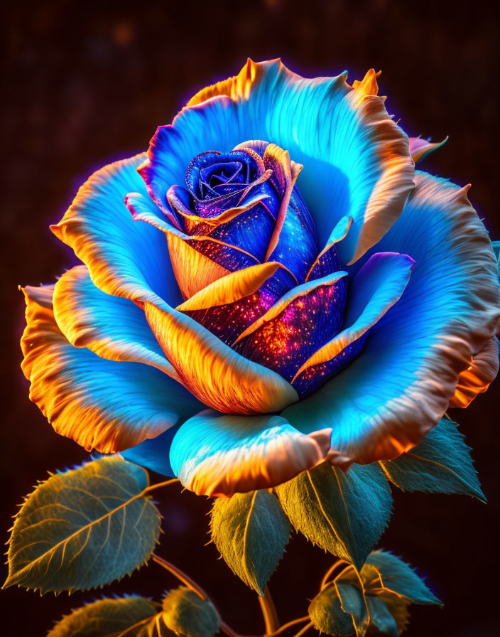 Vibrant Blue and Orange Rose on Dark Background