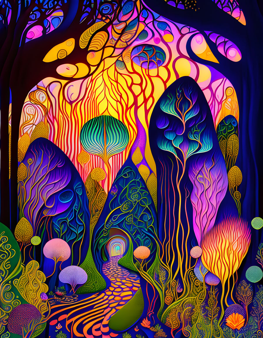 Colorful Psychedelic Forest Artwork with Neon Swirling Patterns