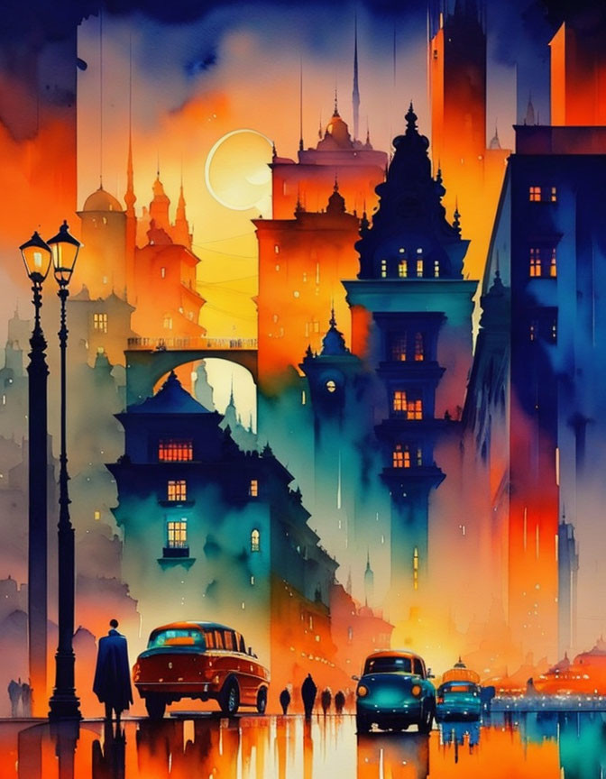 Colorful Watercolor Street Scene: Vintage Cars, Streetlamps, Buildings, Crescent Moon