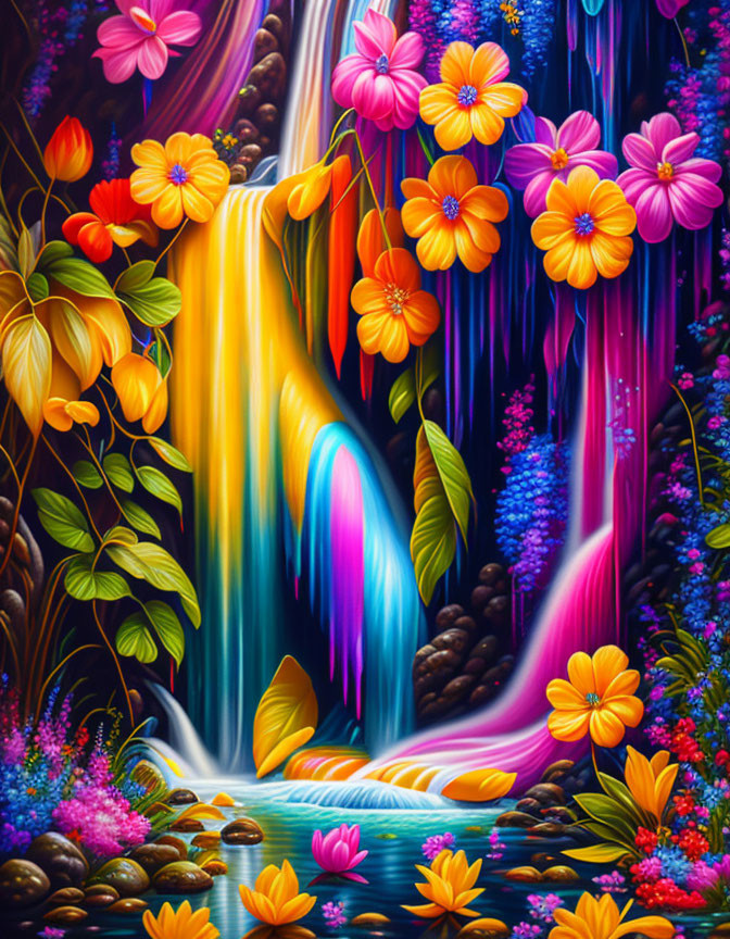 Colorful painting of mystical waterfall with neon hues and lush flora.