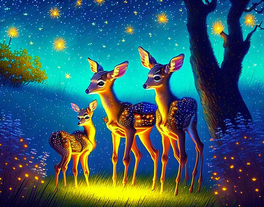 Three Glowing Deer in Enchanted Starlit Forest