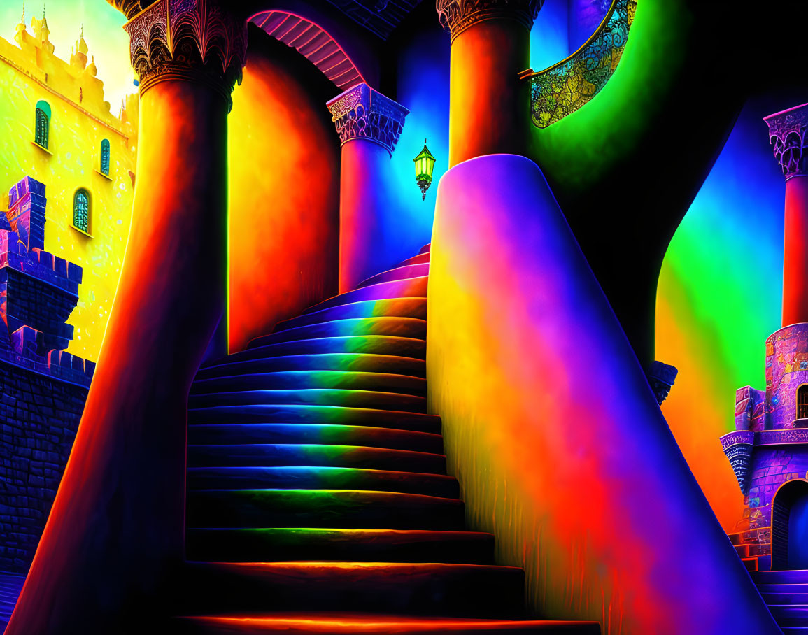 Colorful digital artwork of rainbow-lit fantasy scene with stairs, arches, and castles