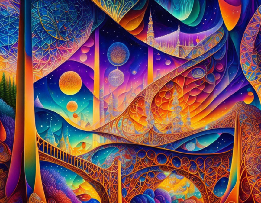 Colorful Psychedelic Artwork with Cosmic Patterns and Surreal Landscapes