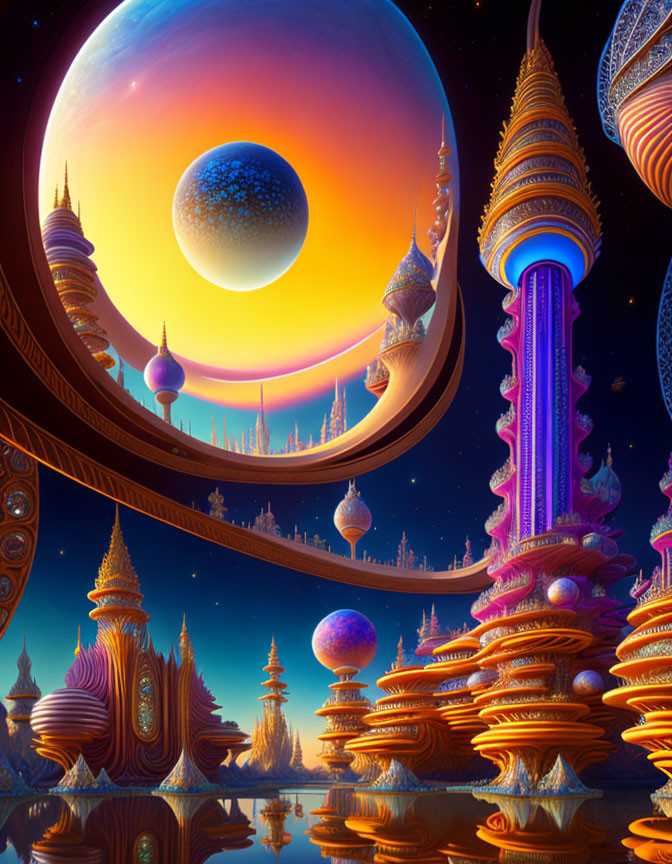 Futuristic landscape with spire-like buildings, planet, and moon