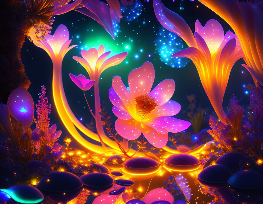 Fantasy landscape with oversized glowing flowers and mushrooms