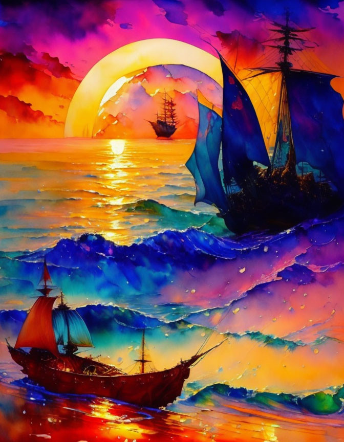 Colorful painting of ships on vibrant seas at sunset