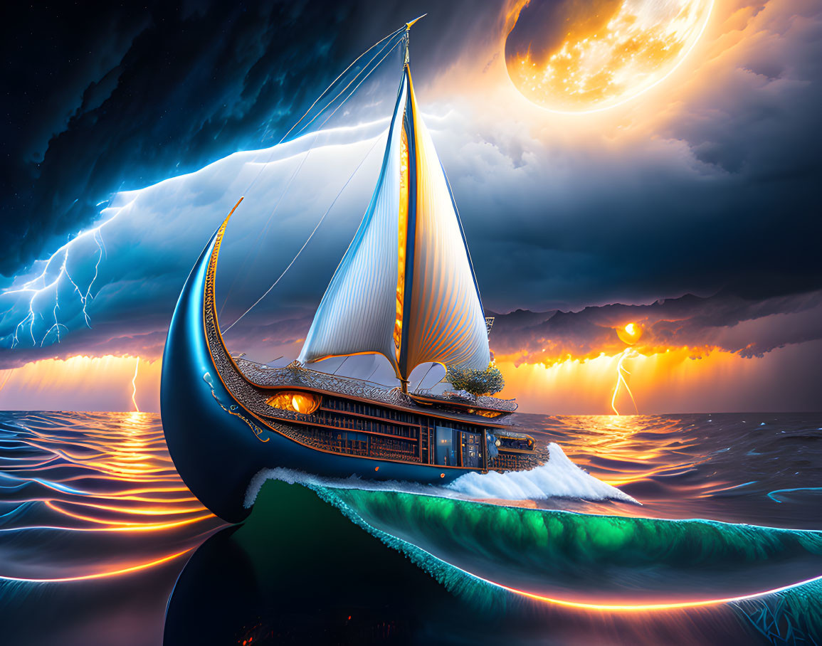 Sailboat sailing on luminescent waves under stormy sky