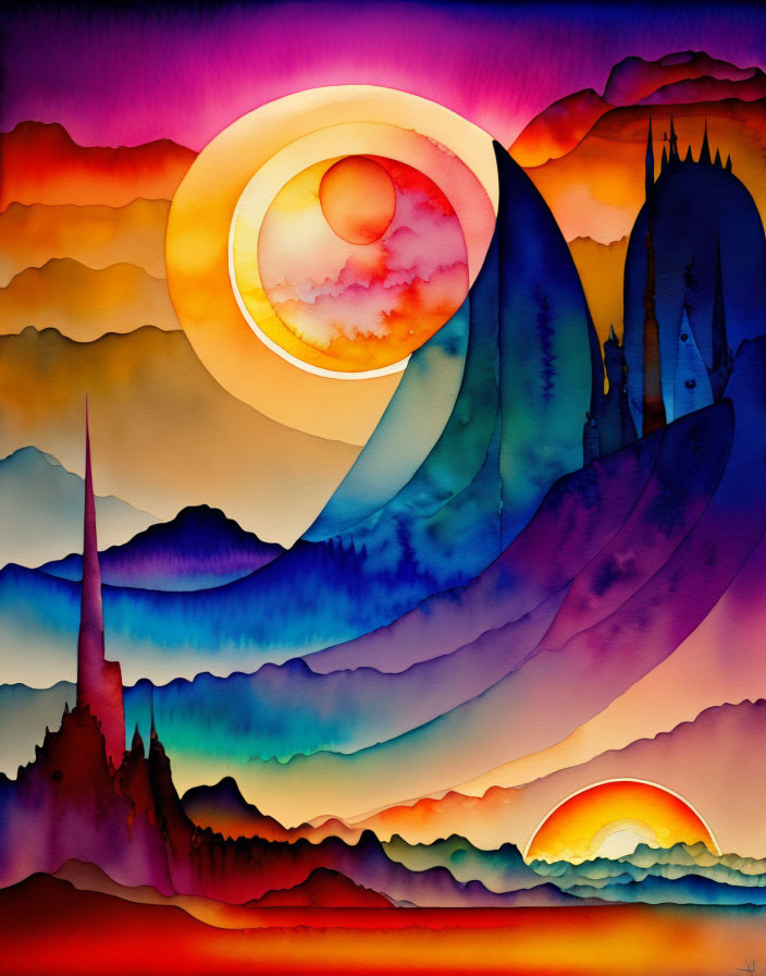 Colorful Sunrise Painting with Mountain Layers and Spire