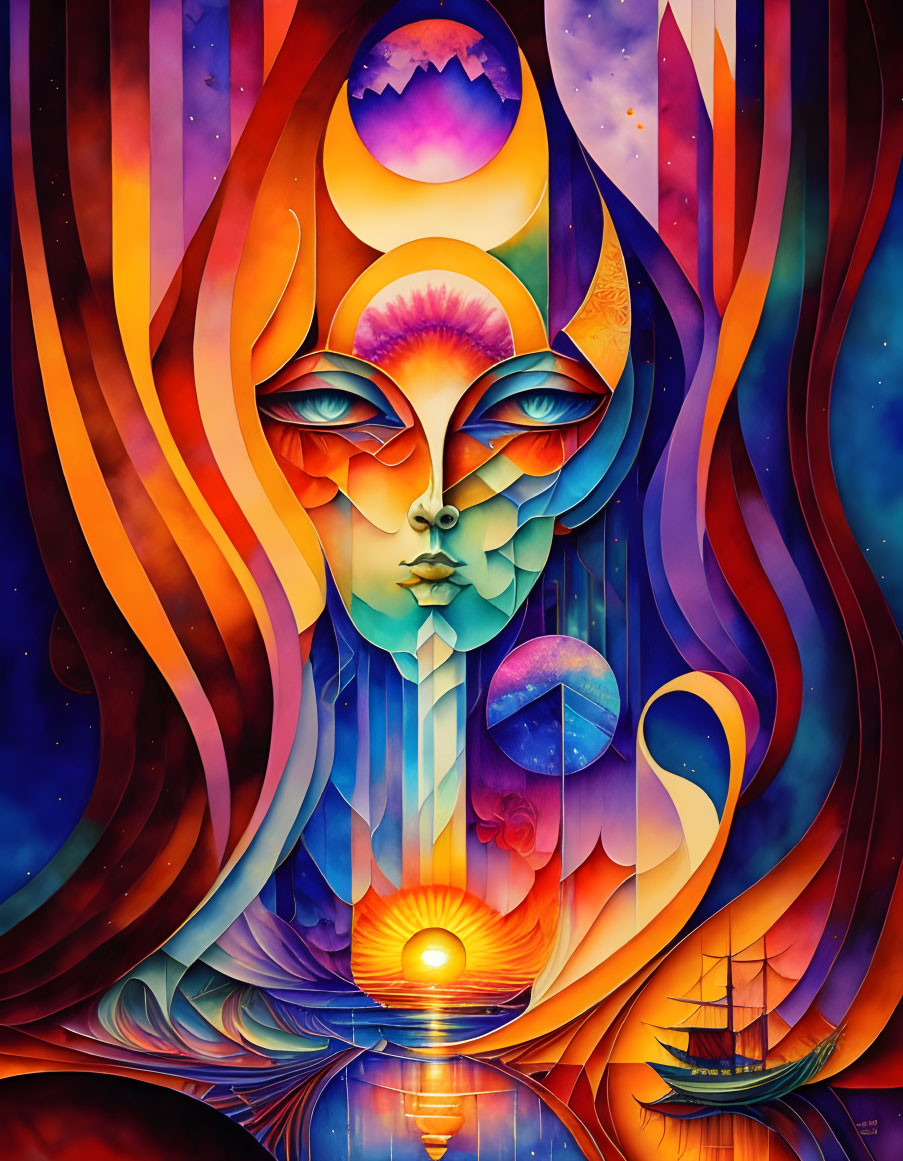 Colorful Psychedelic Artwork: Abstract Faces in Cosmic Landscape