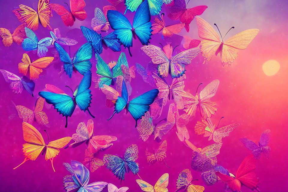 Multicolored butterflies in flight against purple and pink sky