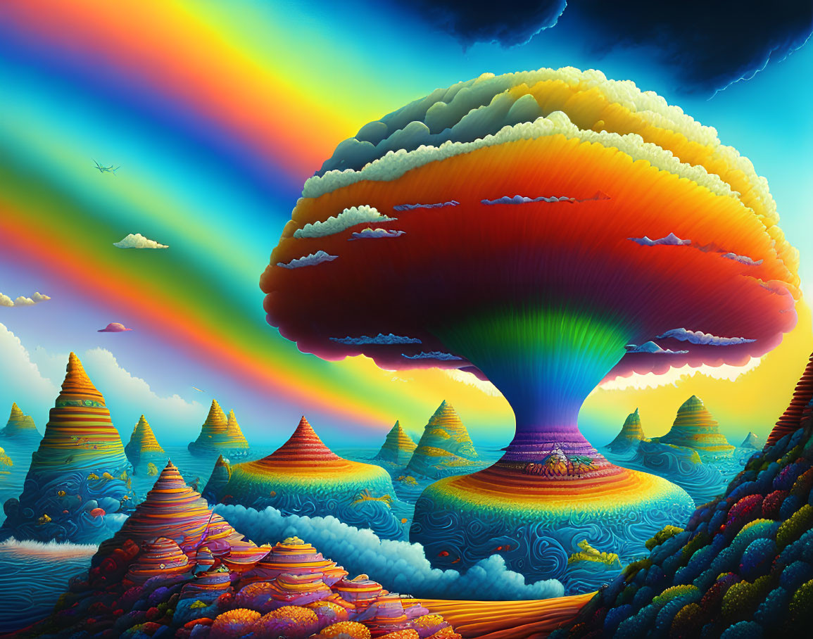 Colorful surreal landscape with large mushroom-shaped structure