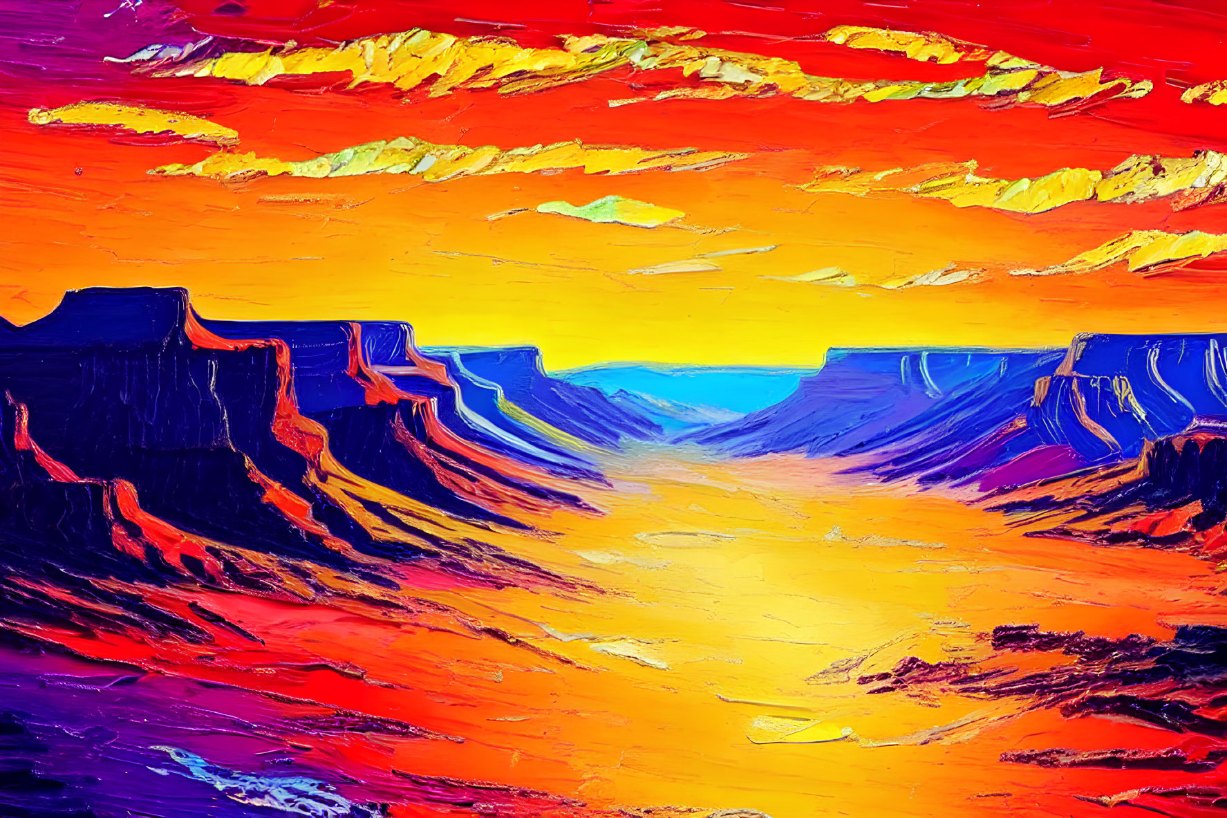 Vivid Impressionistic Canyon Painting with Fiery Sunset Sky