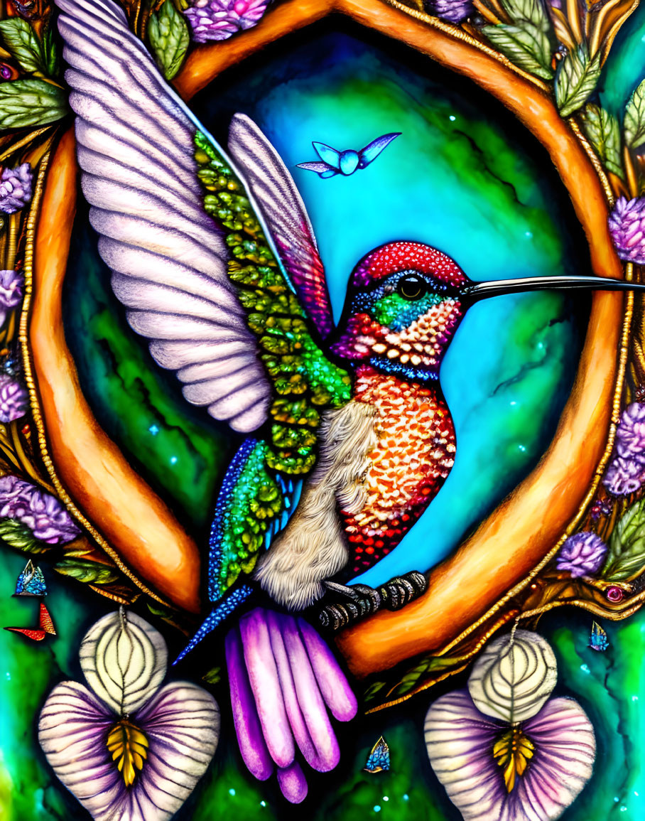 Colorful Hummingbird Illustration on Purple Flower with Butterflies