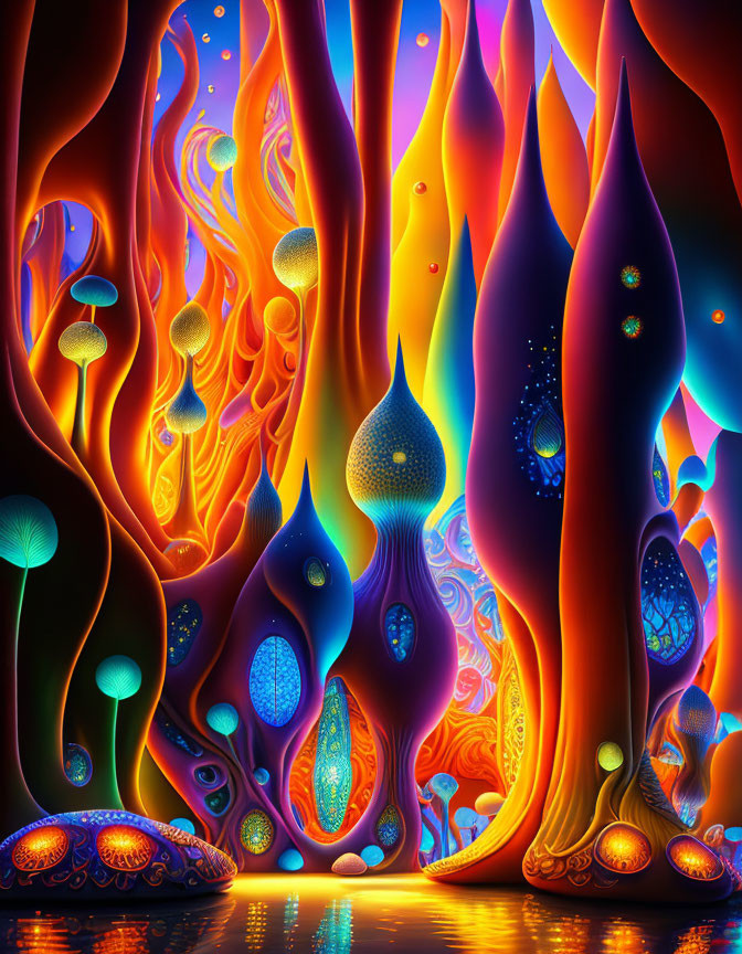 Colorful Fantasy Forest with Neon Trees and Mushrooms Reflecting in Water