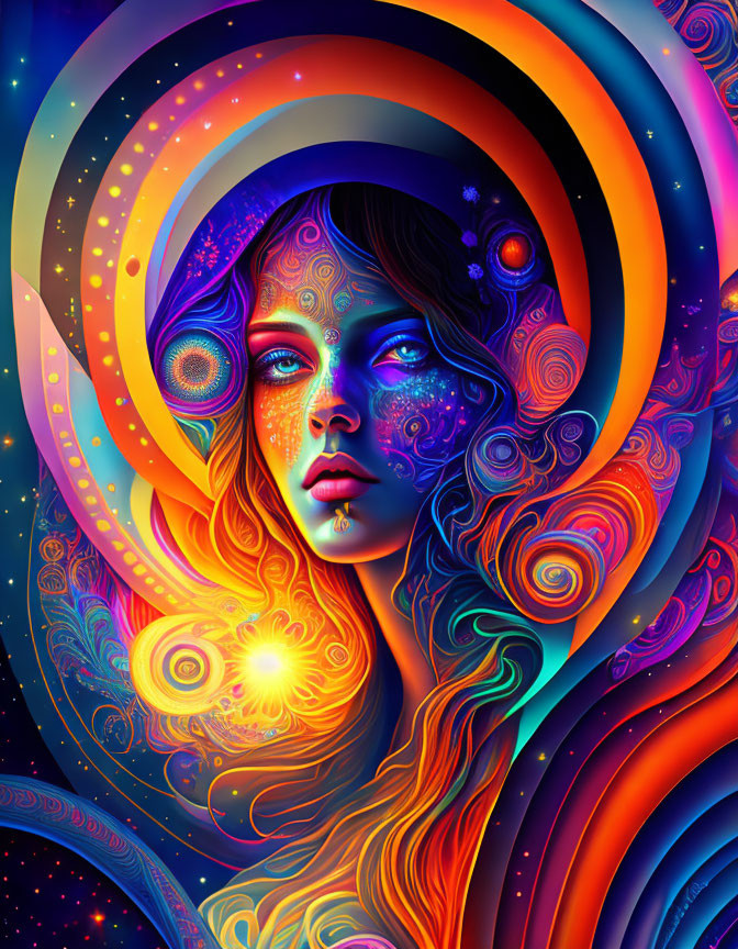 Colorful Psychedelic Portrait of Woman with Cosmic Patterns