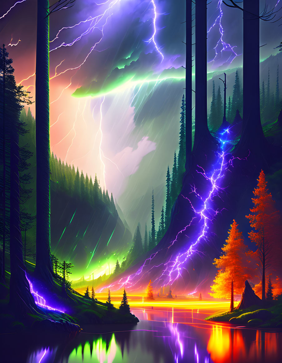 Mystical forest digital artwork with lightning, glowing trees, and reflective river