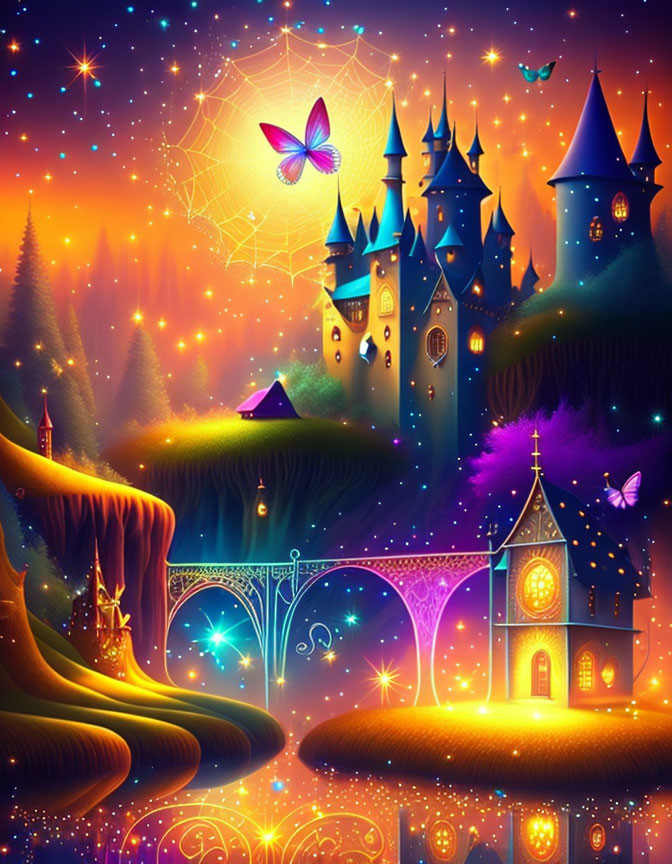 Fantasy landscape with glowing castles, starry skies, butterflies, and colorful forests