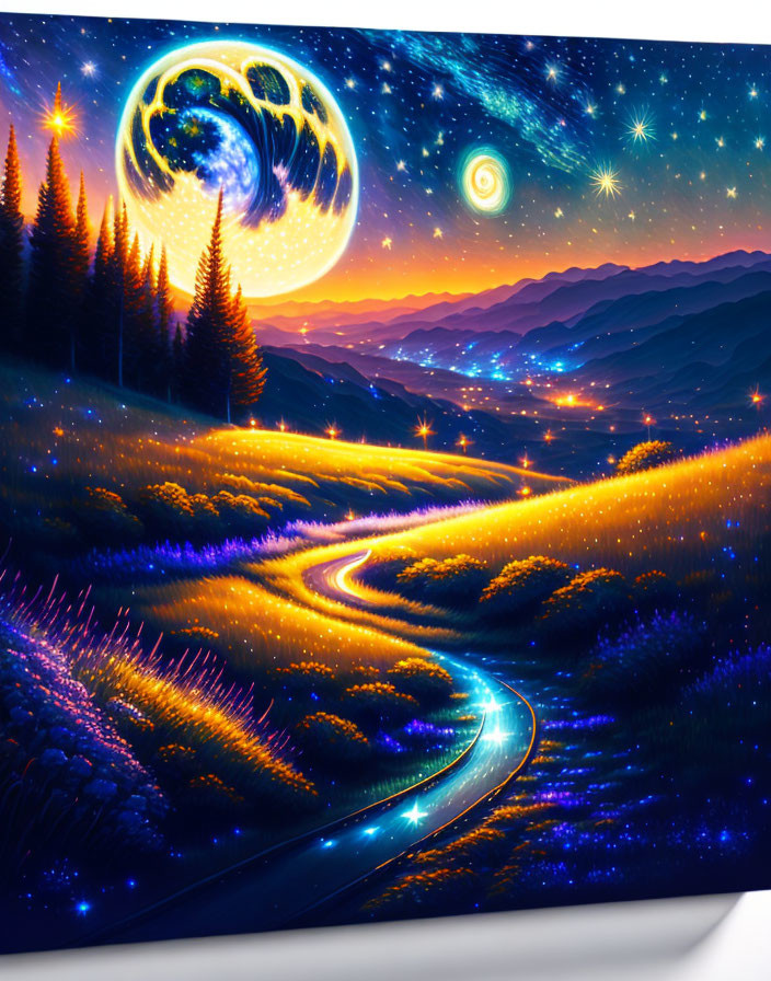 Fantastical night landscape with glowing path through flowered fields and starry sky