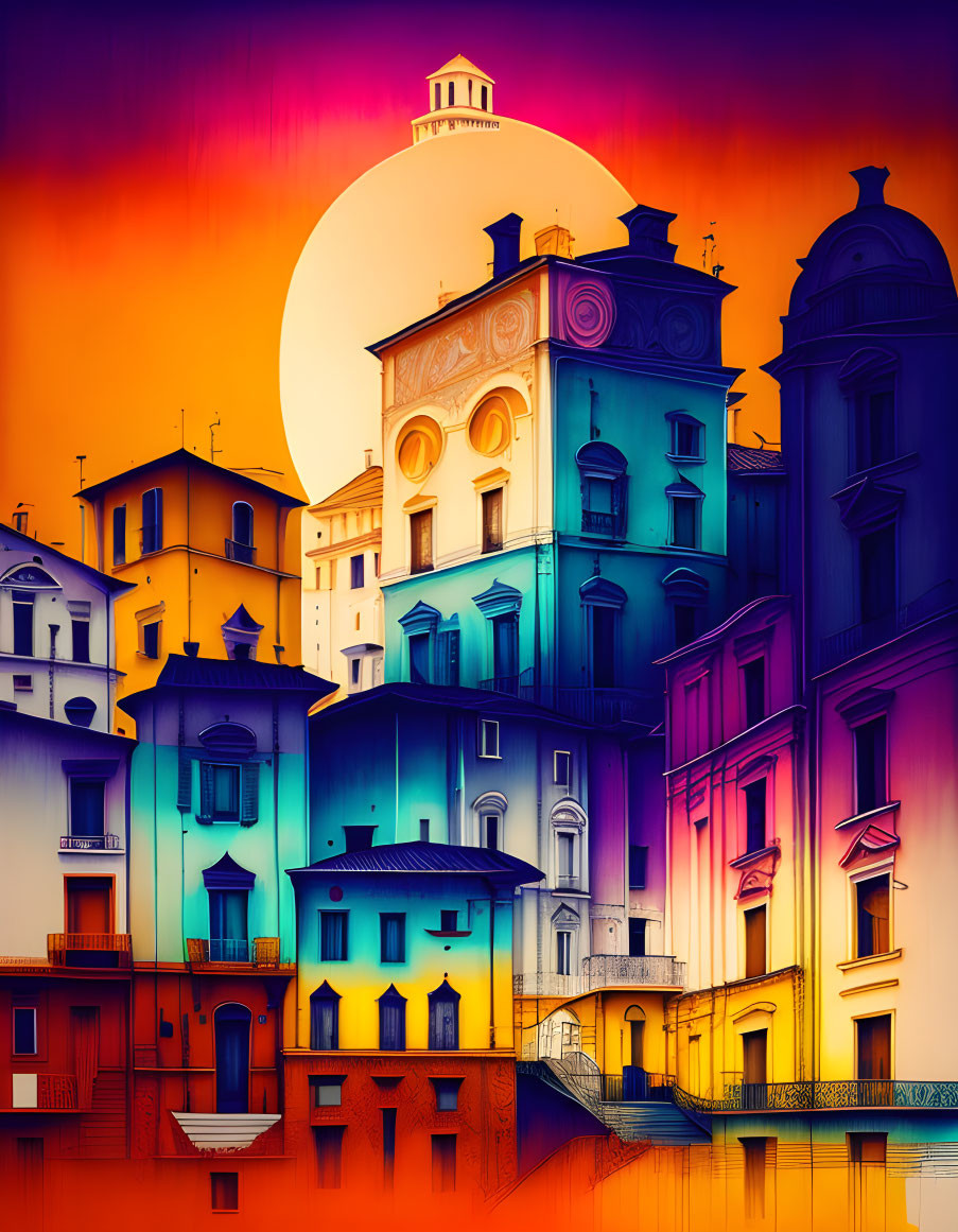 Vibrant European-style street scene at sunset with colorful buildings and large sun/moon