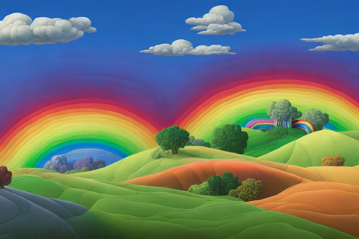 Colorful landscape with rolling hills, rainbow, clouds, and trees