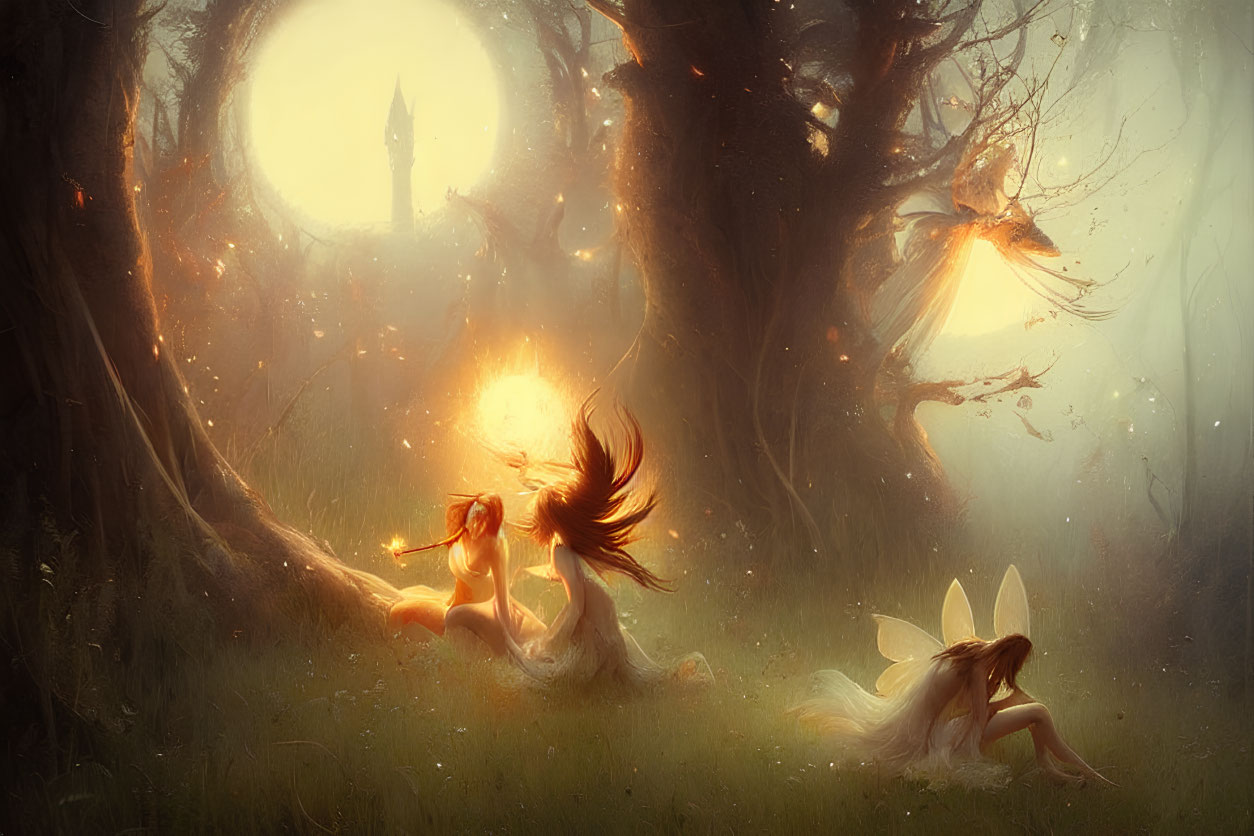 Enchanted forest scene with fairies, glowing orb, ancient trees.