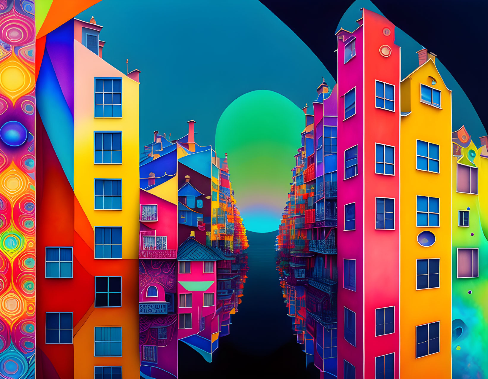 Colorful buildings along reflective waterway at sunrise or sunset in fantastical cityscape