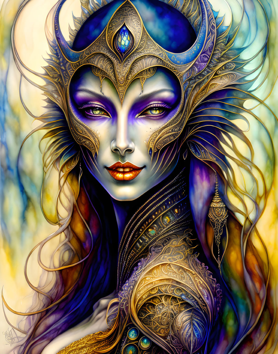 Fantasy illustration of woman in golden armor and mask, with jewel tones and intricate filigree on