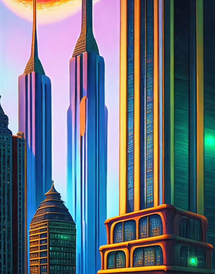 Futuristic cityscape with towering skyscrapers and neon lights at twilight