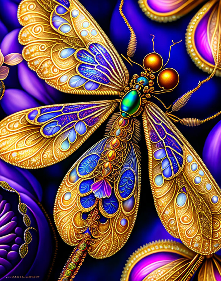 Colorful digital artwork of a blue and gold butterfly with intricate patterns.