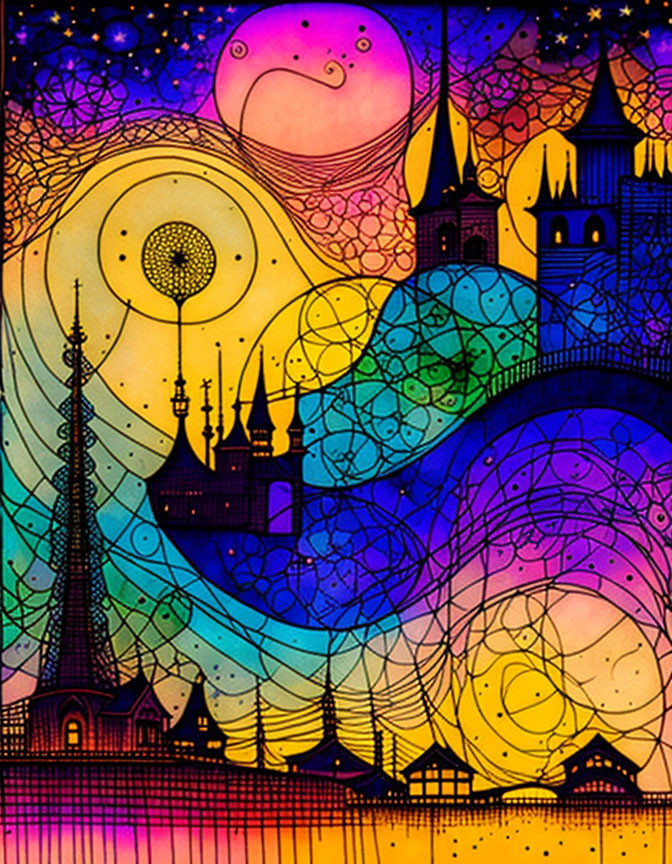 Colorful Stained Glass Art: Fantasy Castles, Spire, Celestial Bodies, Swirling