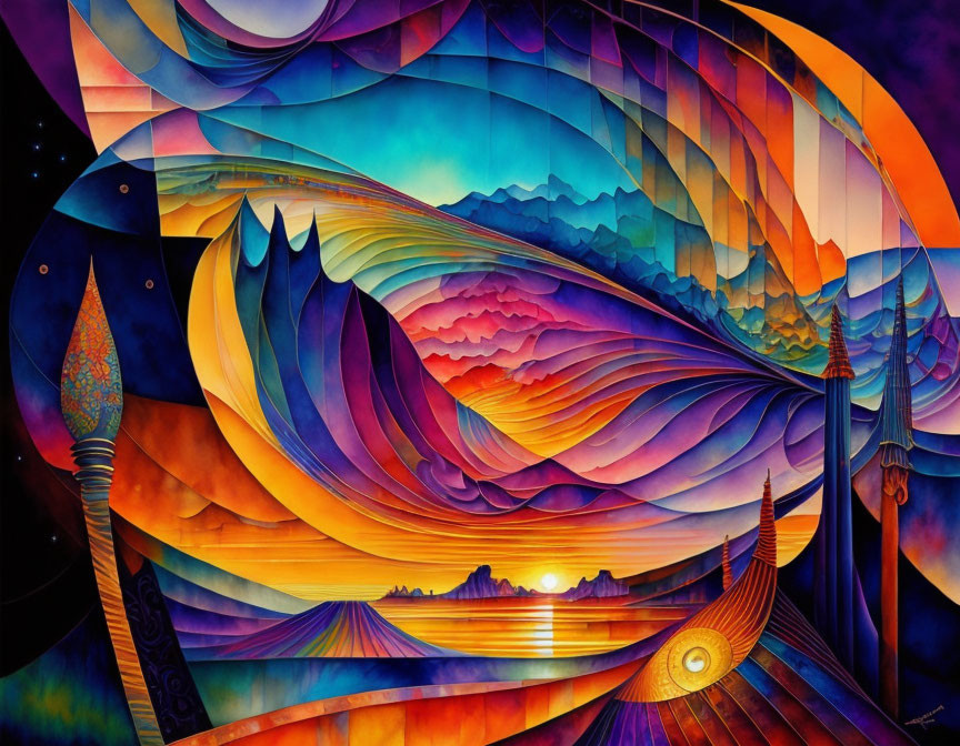 Colorful Surreal Landscape Painting with Waves, Sun, Boat, and Torch