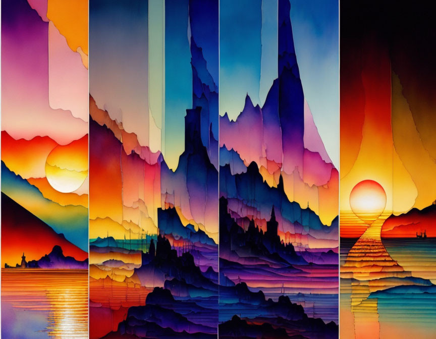 Multi-panel artwork: Silhouetted mountains, water reflections, gradient sunset